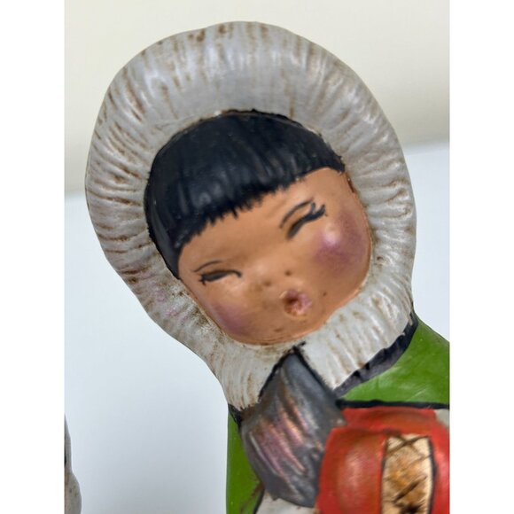 Eskimo Ceramic Hand Painted Girl & Boy Figures, Set of 2 Alaskan Winter Art - Picture 12 of 15